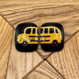 Ceramic school bus earrings glazed, lack, yellow, gold, vtg